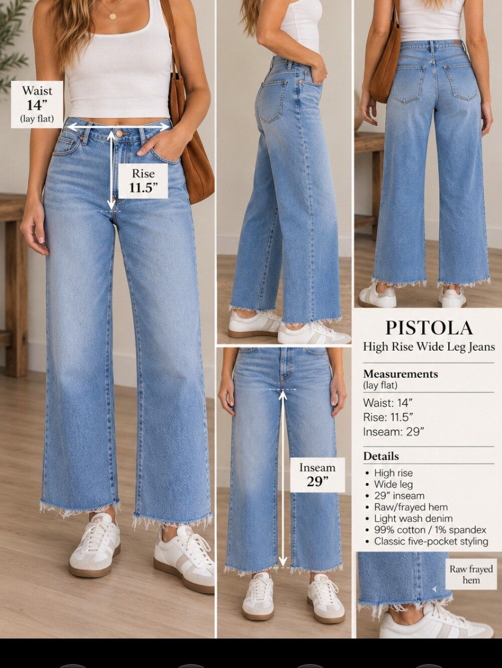 Pistola Size 28 High Rise Wide Leg Jeans Light Wash Raw Hem